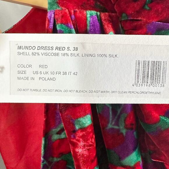 MAGDA BUTRYM Mundo Ruched Floral Velvet Mini Dress Red Multi Size US 6 - Picture 5 of 15